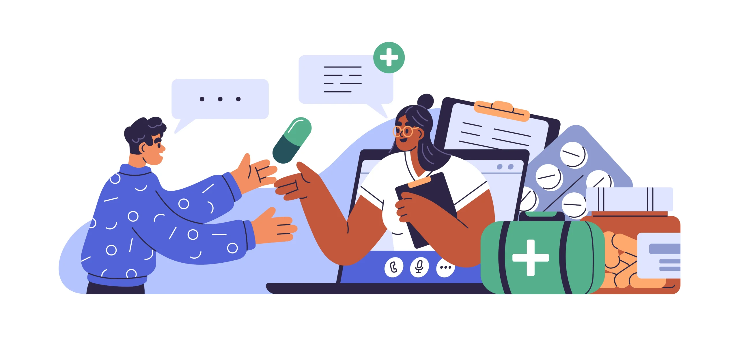 Illustration of a pharmacist providing medication management through a virtual consultation, helping patients understand prescriptions, medication schedules, and treatment plans.