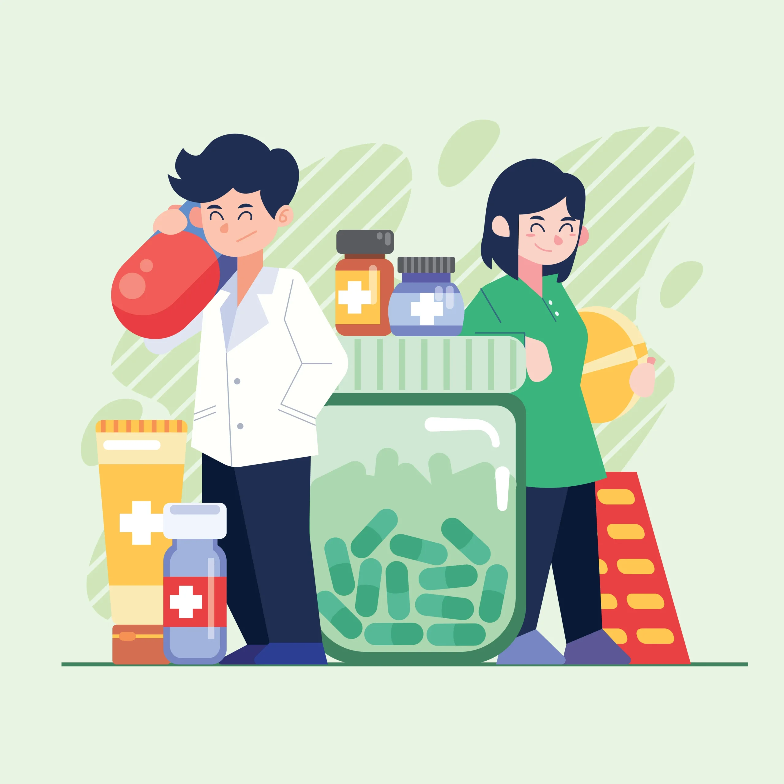 Illustration of pharmacists supporting medication management with prescription medications, patient counseling, and safe medication use to improve treatment outcomes.