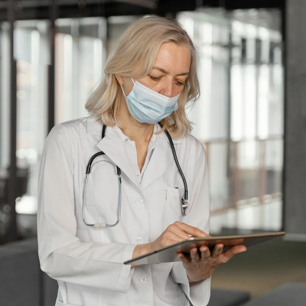 Healthcare professional reviewing patient data on a tablet for patient monitoring services.