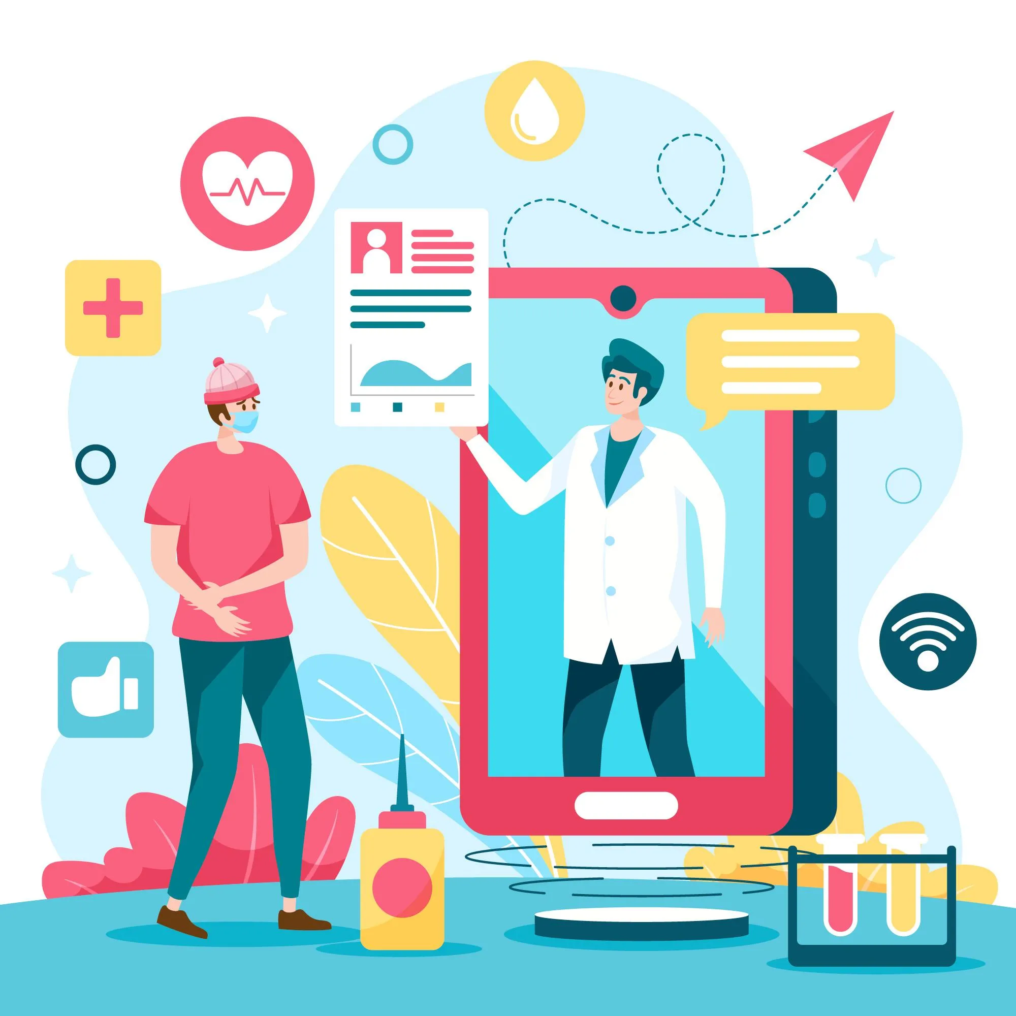 Illustration of a healthcare provider delivering virtual care through a mobile device, representing patient support and tracking with digital health records, remote communication, and connected healthcare services.
