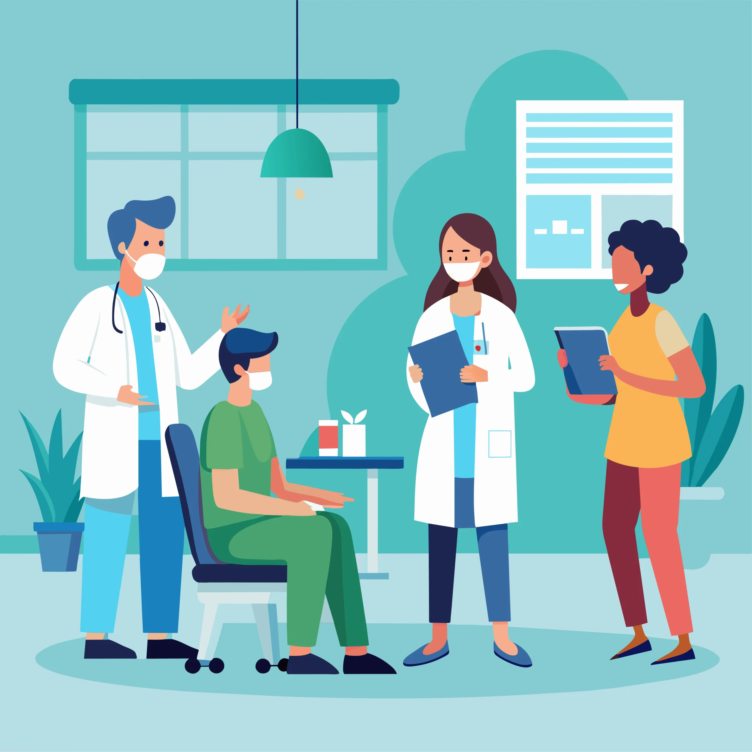 Illustration of a healthcare team providing chronic disease management services, patient monitoring, treatment planning, and coordinated Chronic Care Management