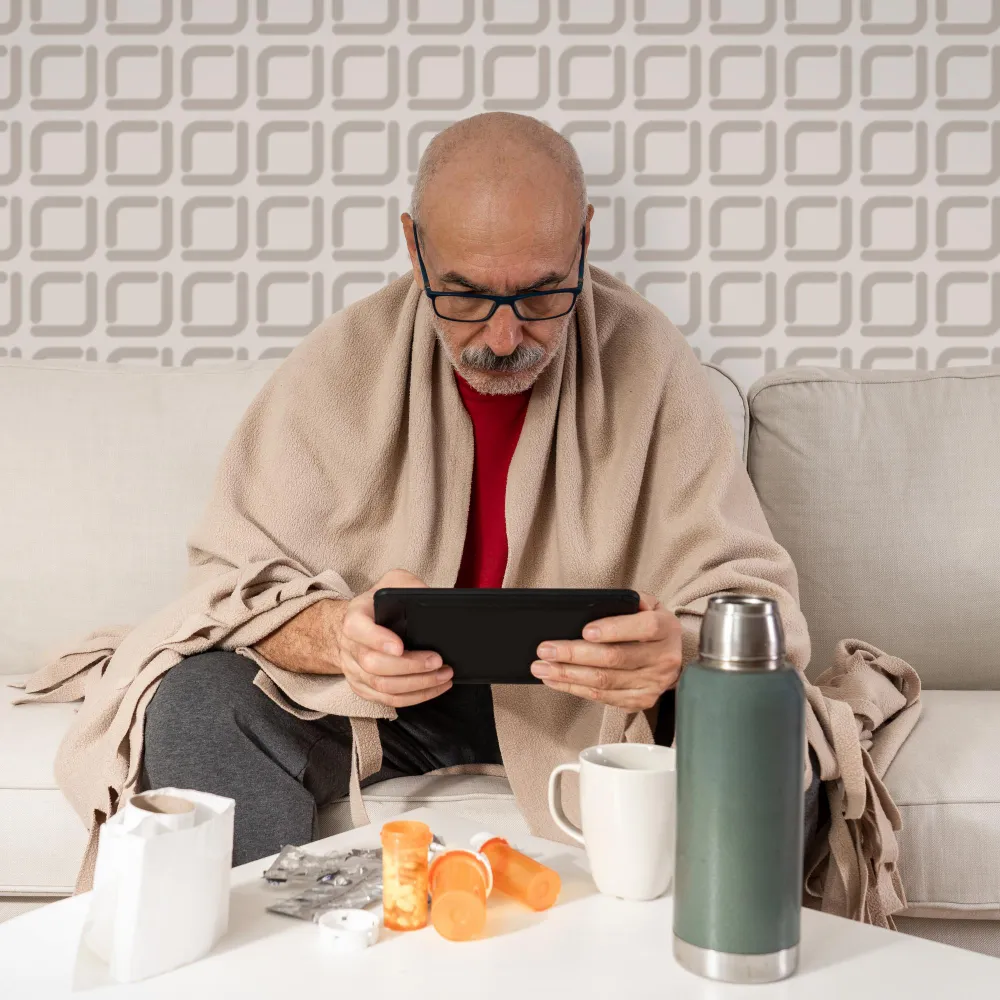 Senior patient using tablet for remote medication management while organizing prescription medication at home