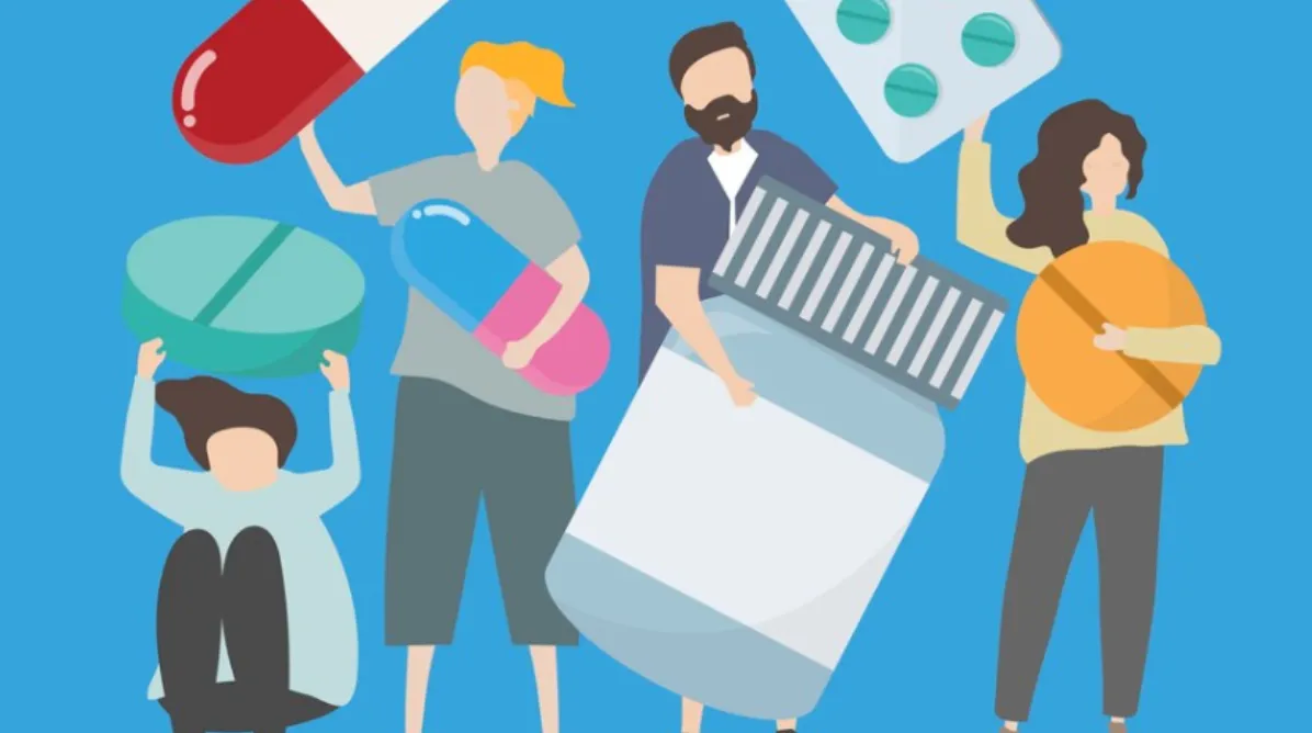 Illustration of patients holding medications representing medication reconciliation services and safe medicine management in healthcare