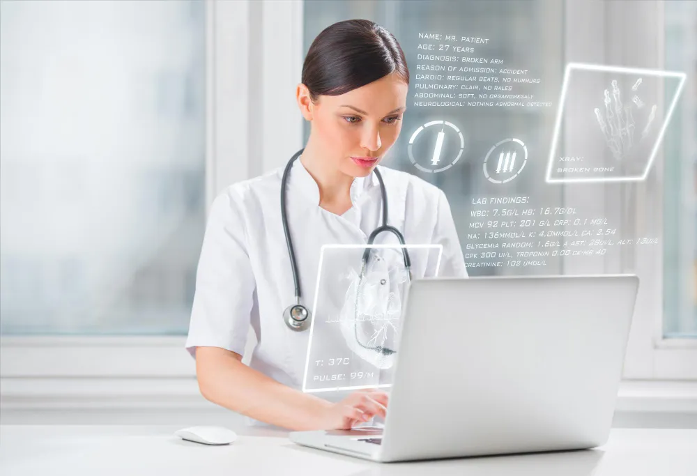 Doctor using digital tools with virtual patient data overlays, representing innovative remote health monitoring and technology-enabled remote monitoring services for proactive patient care