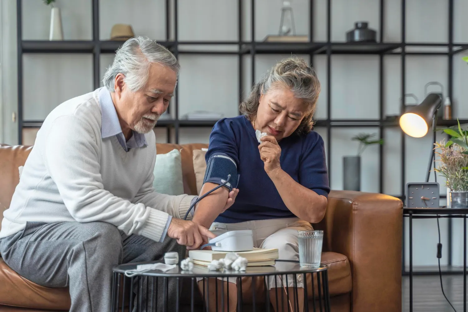 An elderly woman measuring the blood pressure of an elderly man at home using a digital blood pressure monitor, showing routine health monitoring, senior care, and supportive at-home medical assistance in a comfortable living environment