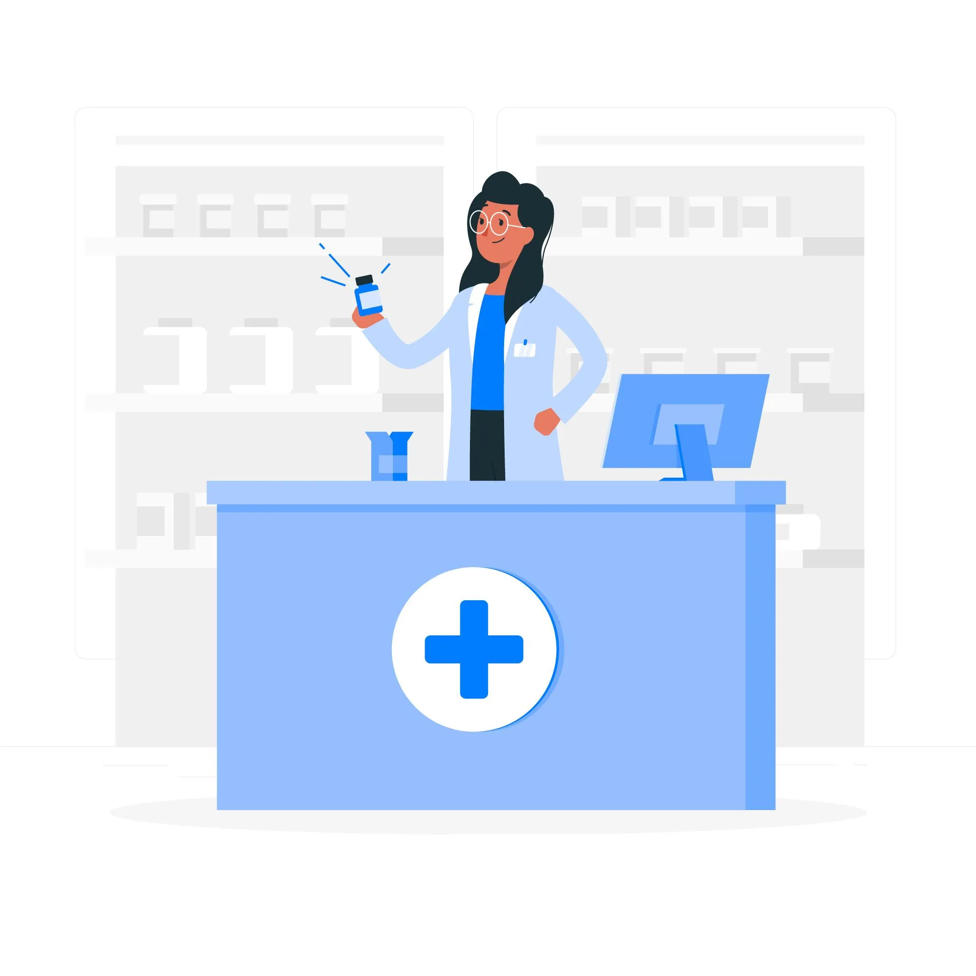 A flat-style illustration of a female pharmacist in a white coat and glasses standing behind a light blue pharmacy counter featuring a blue medical cross symbol, holding up a medication bottle. A computer monitor and shelves stocked with medications are visible in the background, representing a pharmacy or medication dispensing setting.