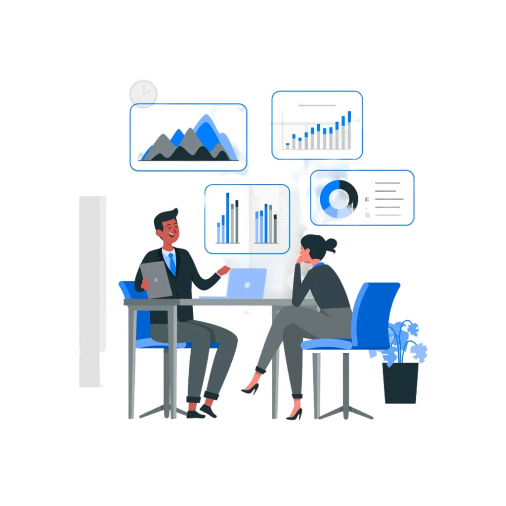 Illustration of two business professionals analyzing data on a laptop in a modern office, with floating dashboards showing area charts, bar graphs, and a donut chart in a clean blue and gray color scheme, representing data-driven decision making and analytics.