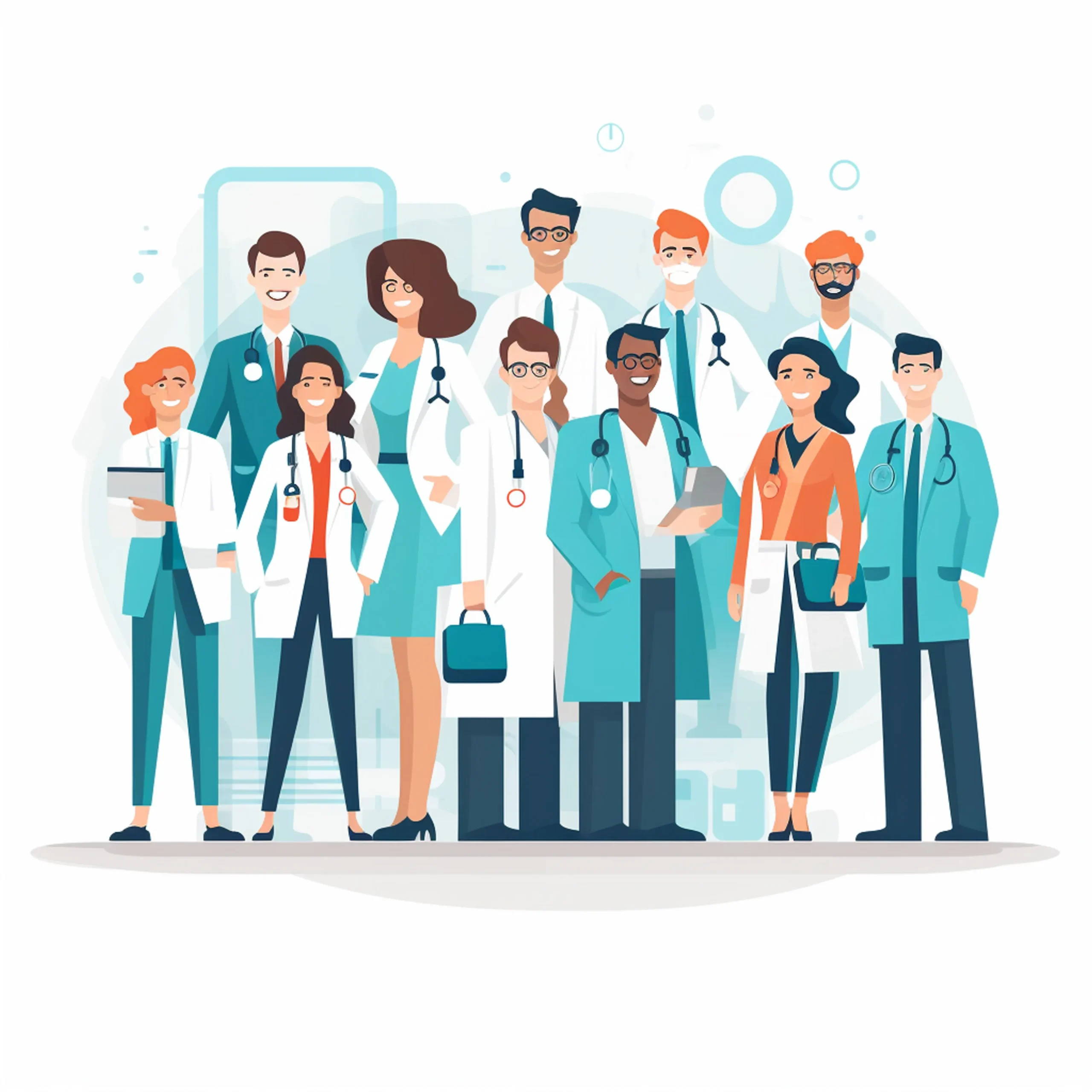 A flat-style illustration of a diverse group of approximately ten healthcare professionals, including doctors and nurses of varying ethnicities and genders, dressed in white coats and teal scrubs with stethoscopes, standing together as a team against a light background with abstract medical shapes, representing a multidisciplinary medical team.