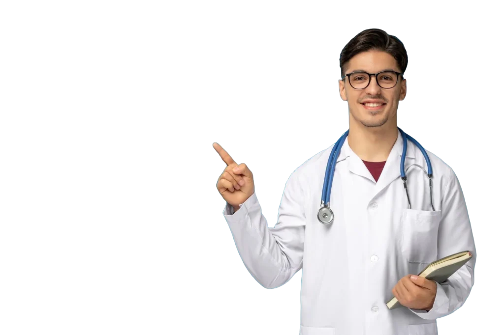 Young male doctor holding a medical notebook and gesturing toward key information, reflecting Central Health Solutions' clinician-driven approach to digital health