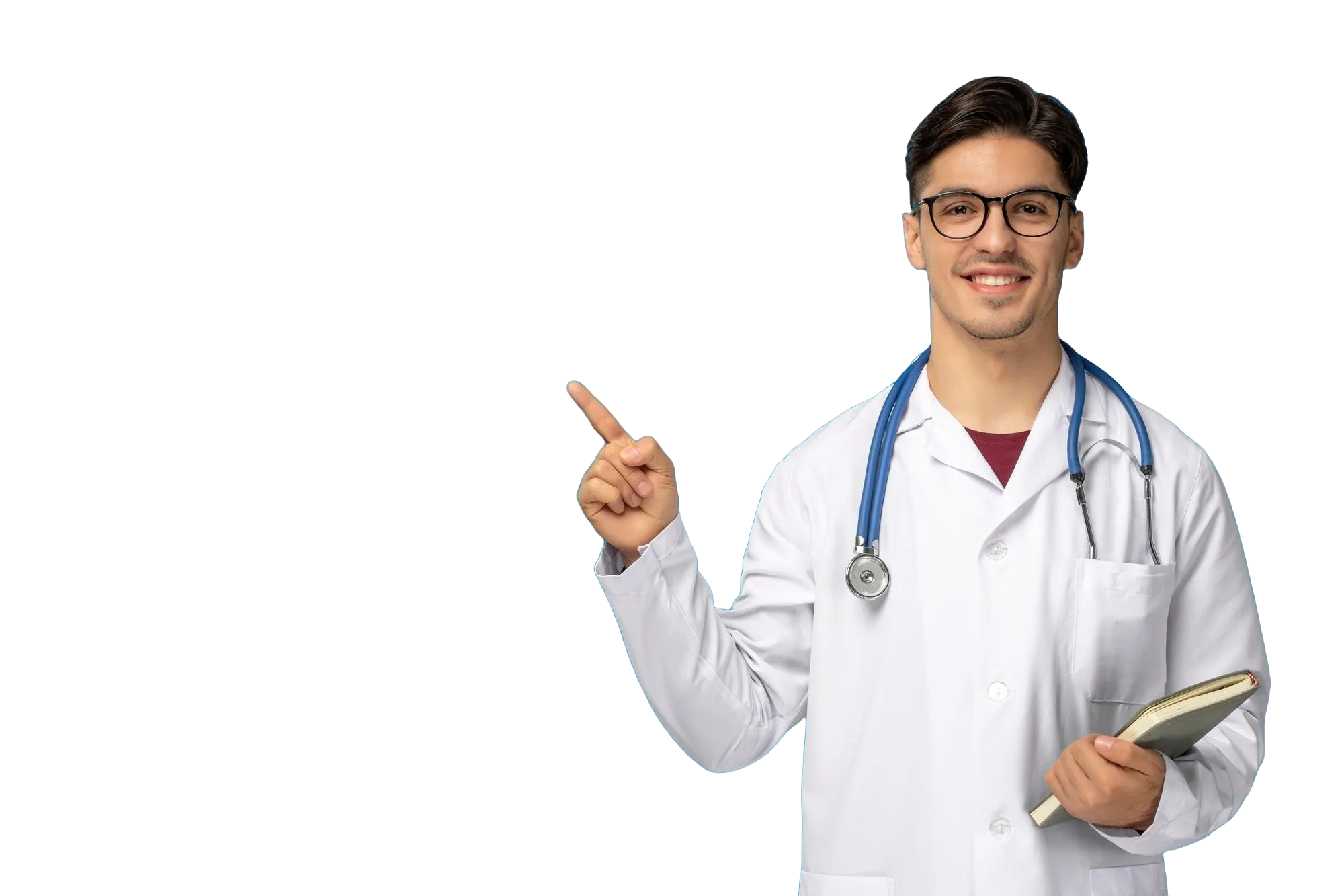 Young male doctor holding a medical notebook and gesturing toward key information, reflecting Central Health Solutions' clinician-driven approach to digital health