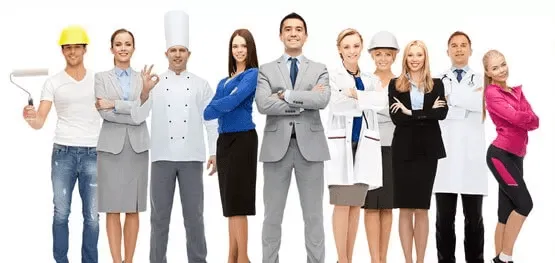 A lineup of diverse professionals, including a chef, construction worker, and doctor, representing Central Health Solutions’ comprehensive healthcare service providers for all industries.