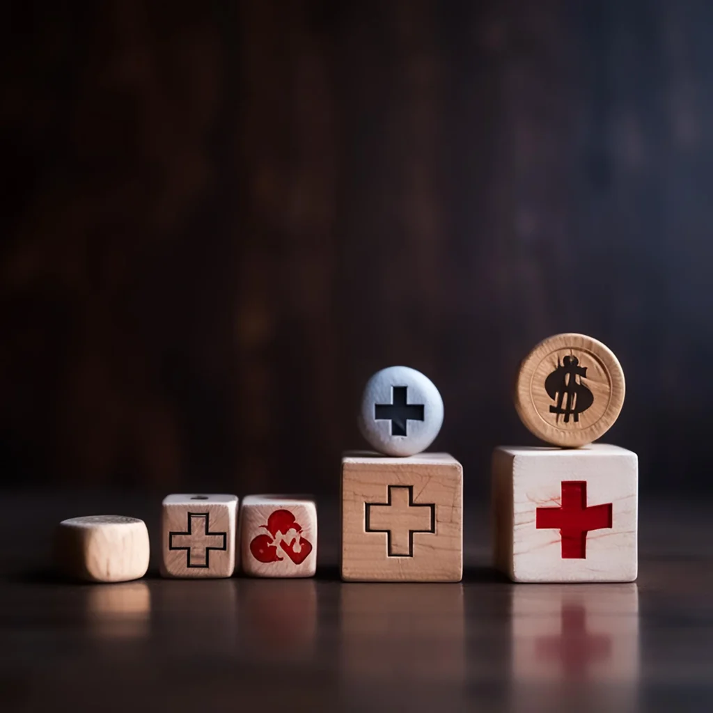 Wooden blocks and stones arranged in ascending order with medical crosses, a heart icon, and a dollar symbol, representing the connection between healthcare services, wellness, and financial value in a modern context.