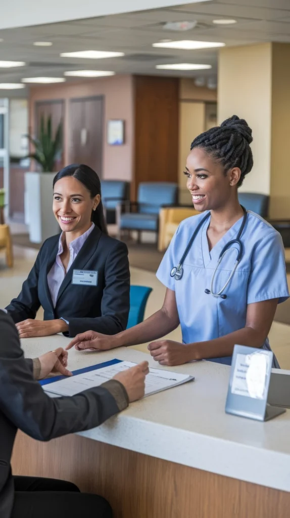 Smiling female doctor in a white coat with a stethoscope shaking hands with a male patient in a bright, modern clinic at Central Health Solutions, representing friendly, professional healthcare consultation and patient care.