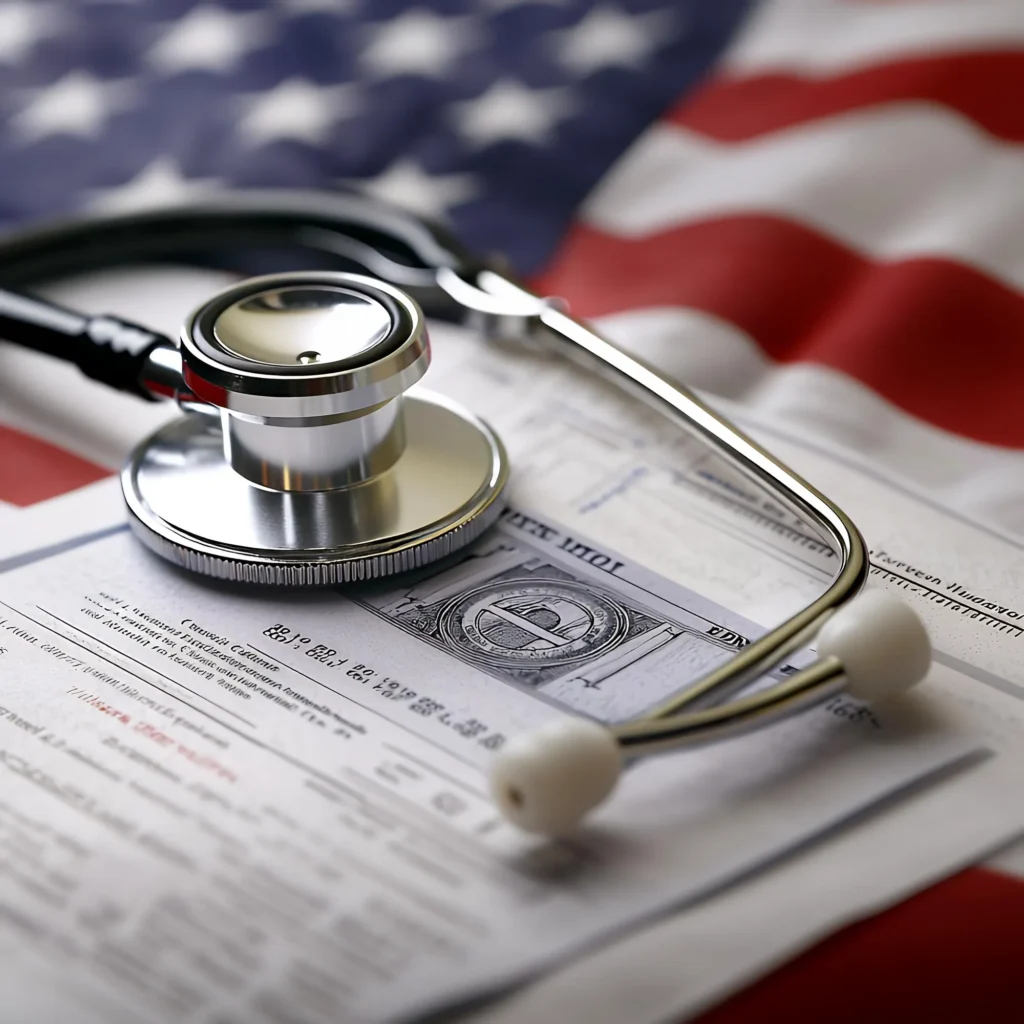 Stethoscope placed on medical documents and a U.S. hundred-dollar bill over a blurred American flag, symbolizing the relationship between healthcare, policy, and financial systems in the United States.