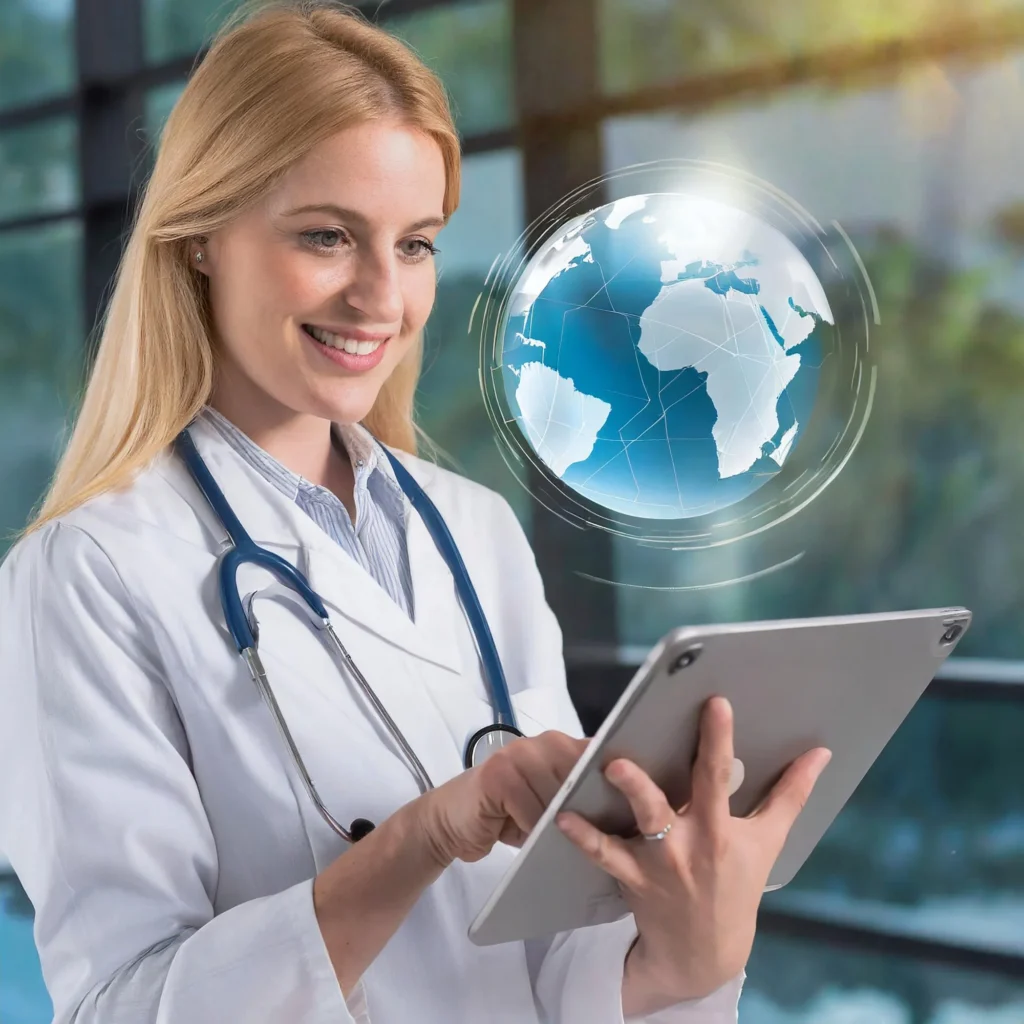 Female physician using a digital tablet with a holographic globe — Central Health Solutions nationwide digital health monitoring and remote patient support services