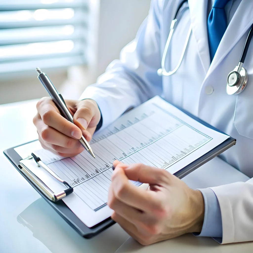Physician completing prior authorization documentation on a clipboard, representing Central Health Solutions' streamlined prior authorization support services