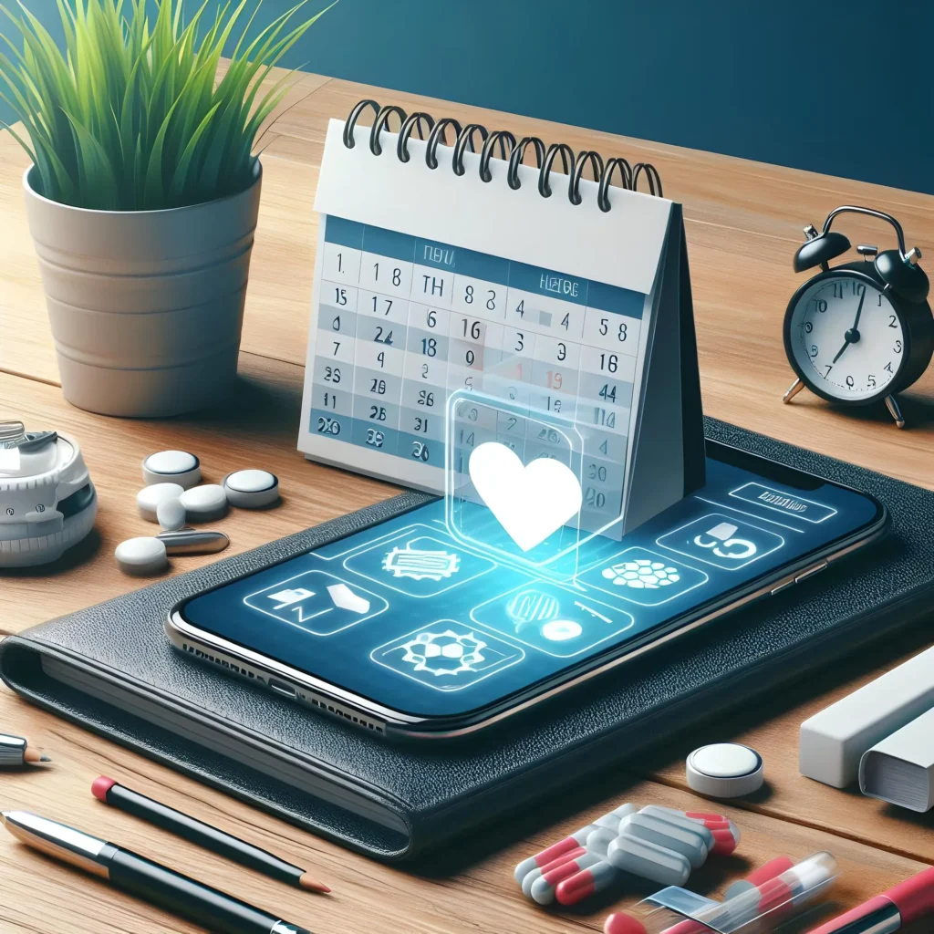 Digital health app on smartphone with medication pills, calendar, and clock representing scheduled medication management reminders — Central Health Solutions clinical medication adherence and chronic care support services