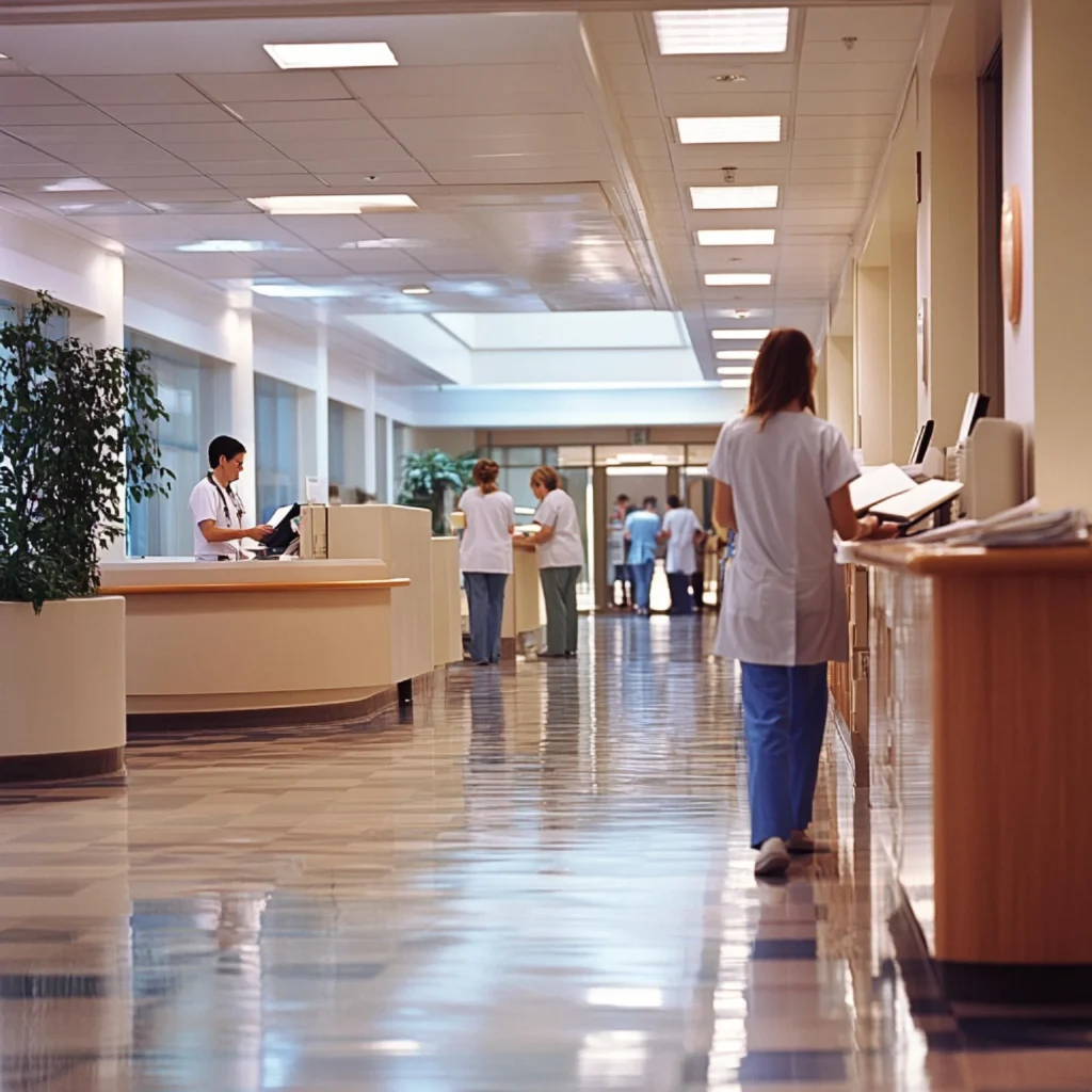 Active hospital hallway with nursing staff at reception and patient care stations, representing Central Health Solutions' hospital partnership programs for reduced readmissions