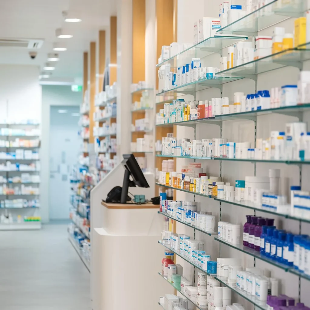 Modern retail pharmacy interior with fully stocked medication shelves and dispensing counter — Central Health Solutions pharmacy partnership and medication management support services