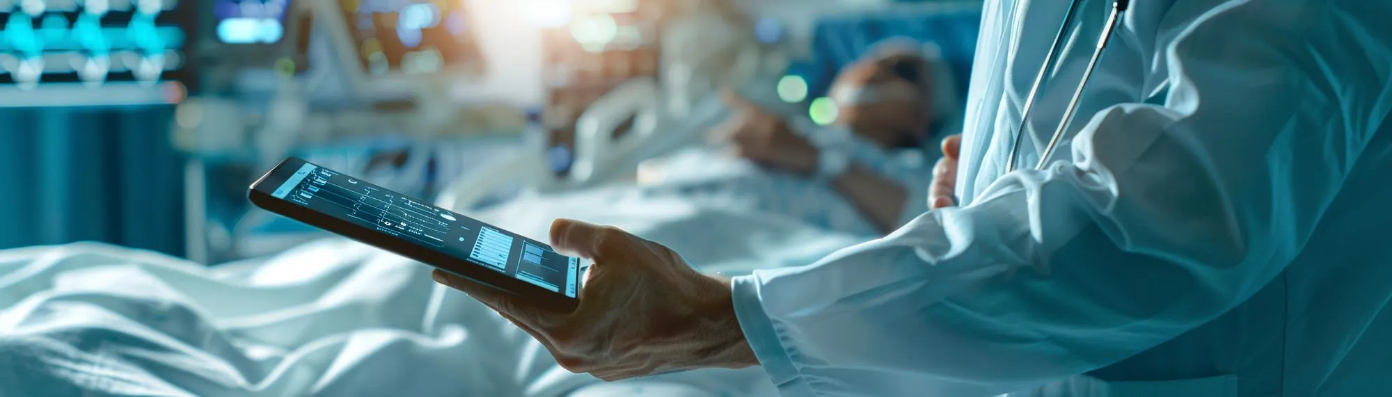 Remote health monitoring solutions with doctor reviewing patient data on tablet in hospital environment
