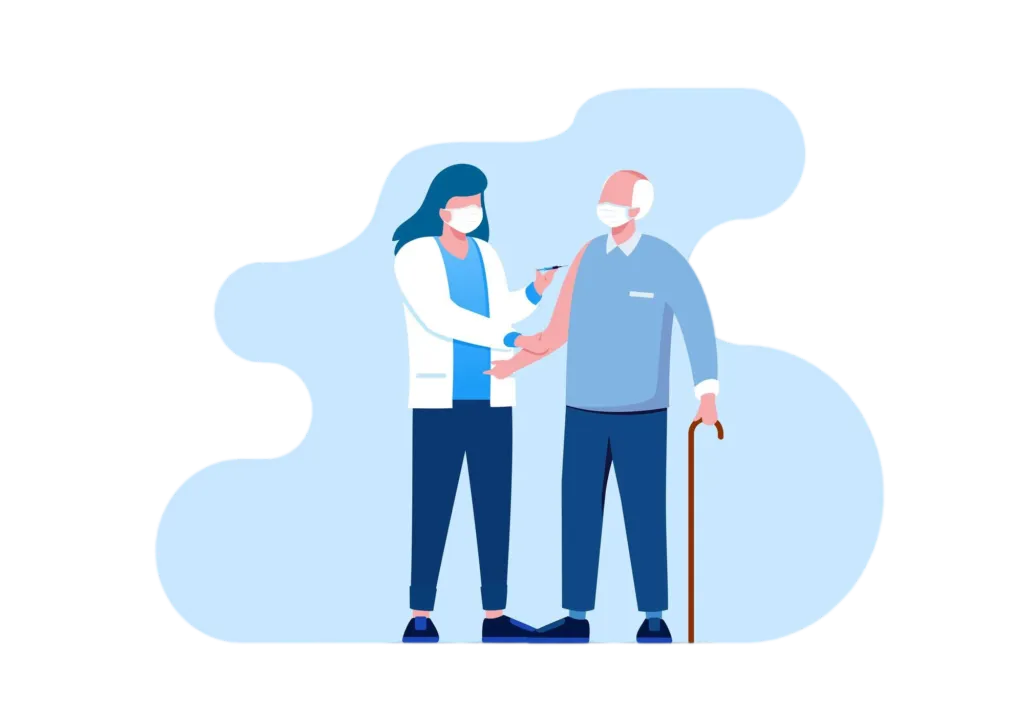 A flat-style illustration of a female doctor in a white coat and face mask administering an injection into the arm of an elderly man wearing a face mask and holding a cane, against a light gray background with a soft blue blob shape. The scene suggests vaccination or medical treatment for an older patient.