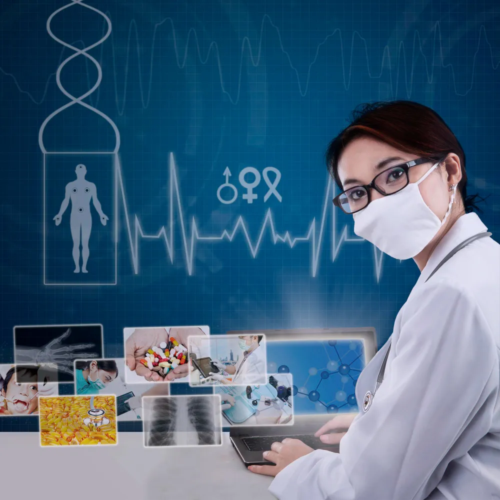 Doctor working on a digital interface with medical visuals and patient data, illustrating Digital Health Monitoring Solutions and integrated Patient Remote Monitoring Software for improved clinical decision-making