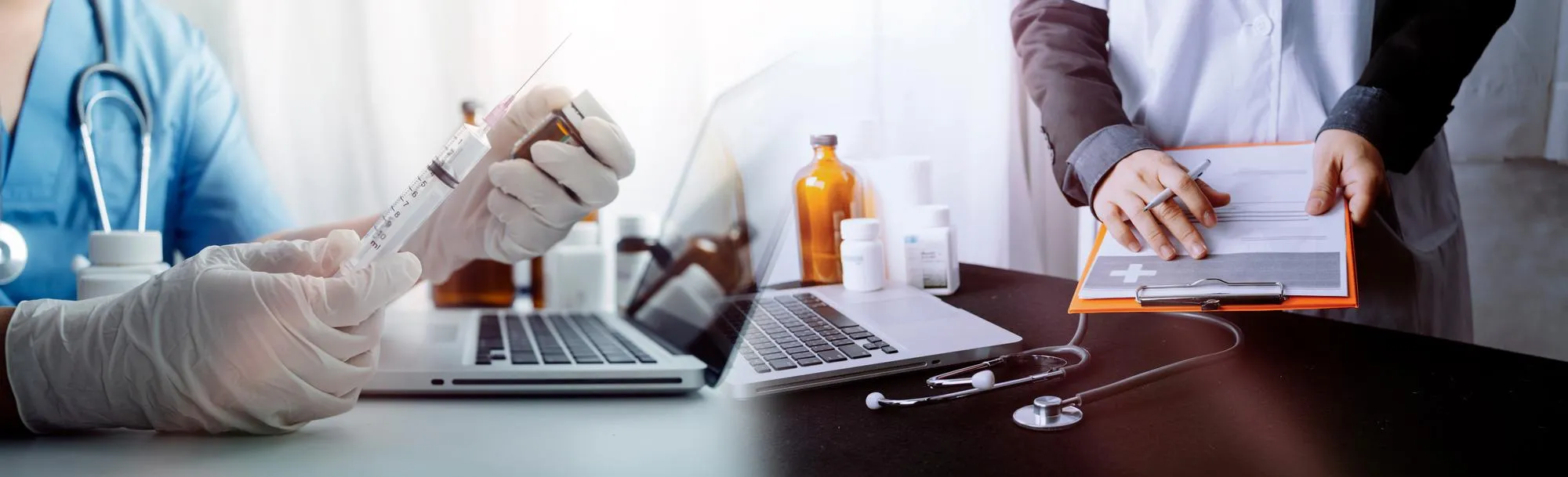 Medical professionals managing patient records and treatment plans as part of Chronic Care Management Solutions, supporting complex illness care, medication coordination, and continuous health monitoring.