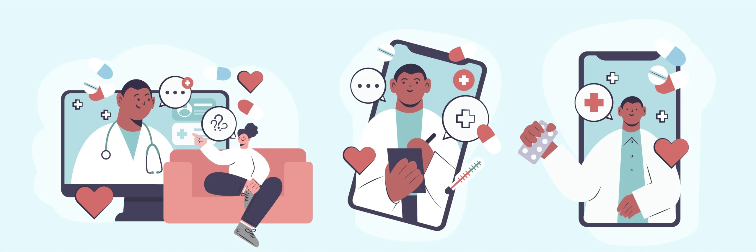 Illustration of virtual healthcare consultations and remote patient support, representing continuity of care optimization through ongoing communication, medication management, and coordinated follow-up with transitional care providers.