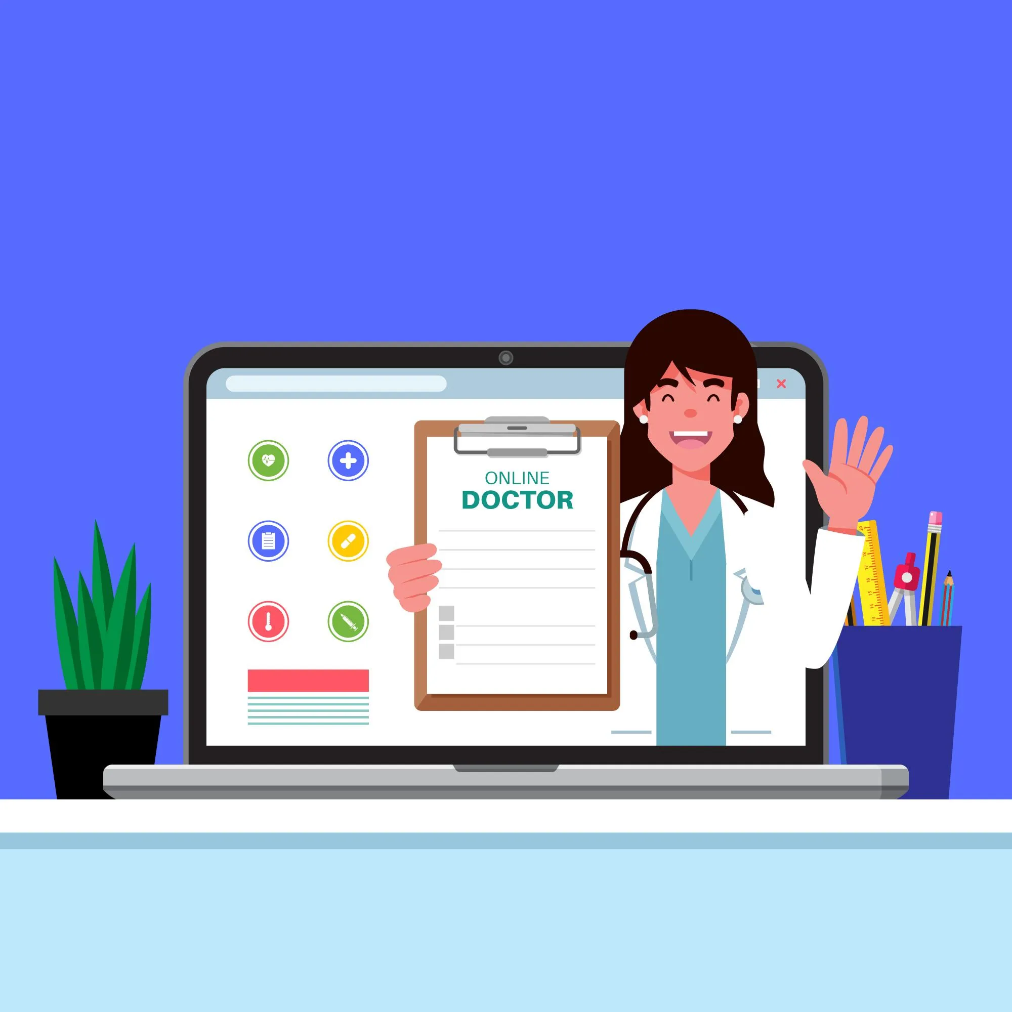 Illustration of an online doctor providing Remote Wellness Monitoring through a Remote Patient Monitoring Program for ongoing patient care.