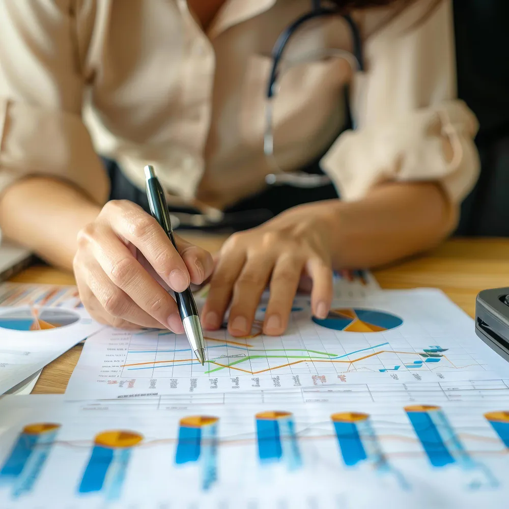 Healthcare finance professional analyzing revenue reports and financial performance charts to improve Revenue Cycle Management, cash flow, reimbursement accuracy, and operational efficiency.
