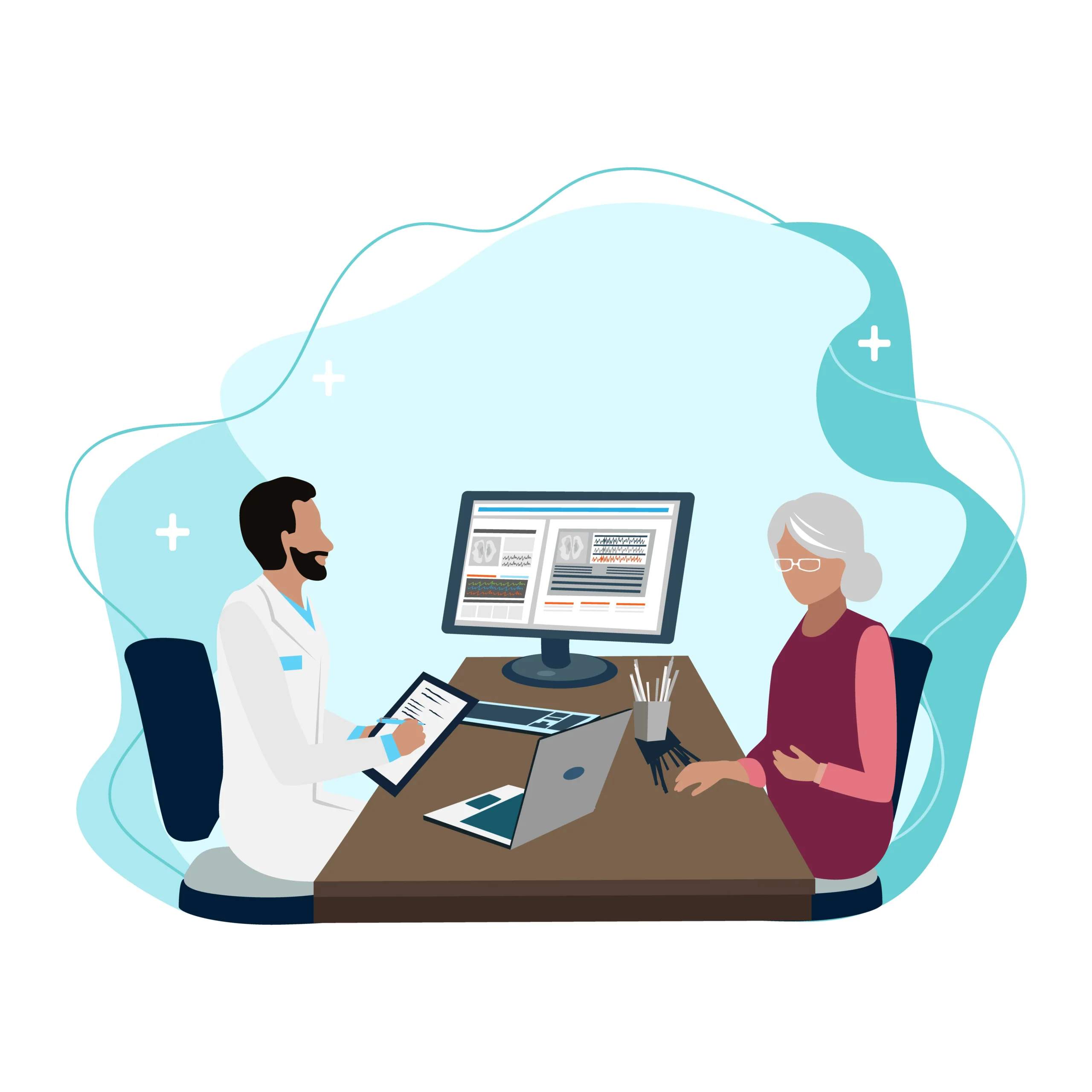 Doctor reviewing a patient’s medical information on a computer during a consultation, representing a Transition Care Management solution.