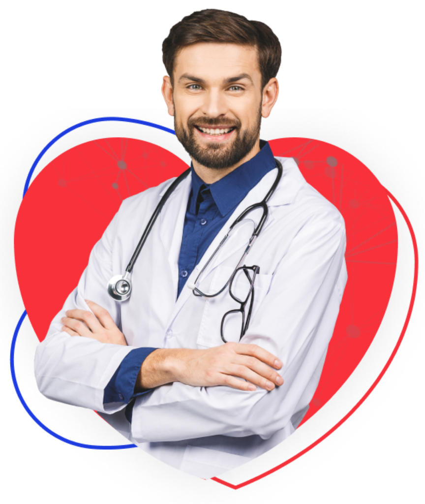 Friendly male doctor in a white coat with stethoscope, arms crossed, smiling, against a red and blue abstract background.