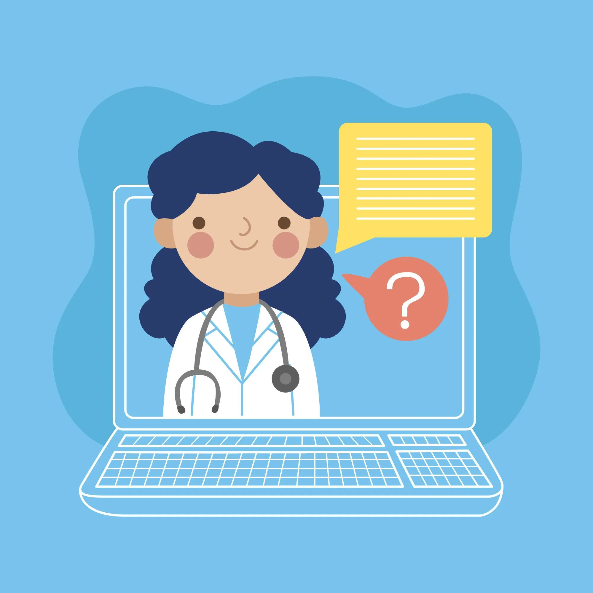 Illustration of a doctor providing remote patient monitoring services telehealth through a laptop.