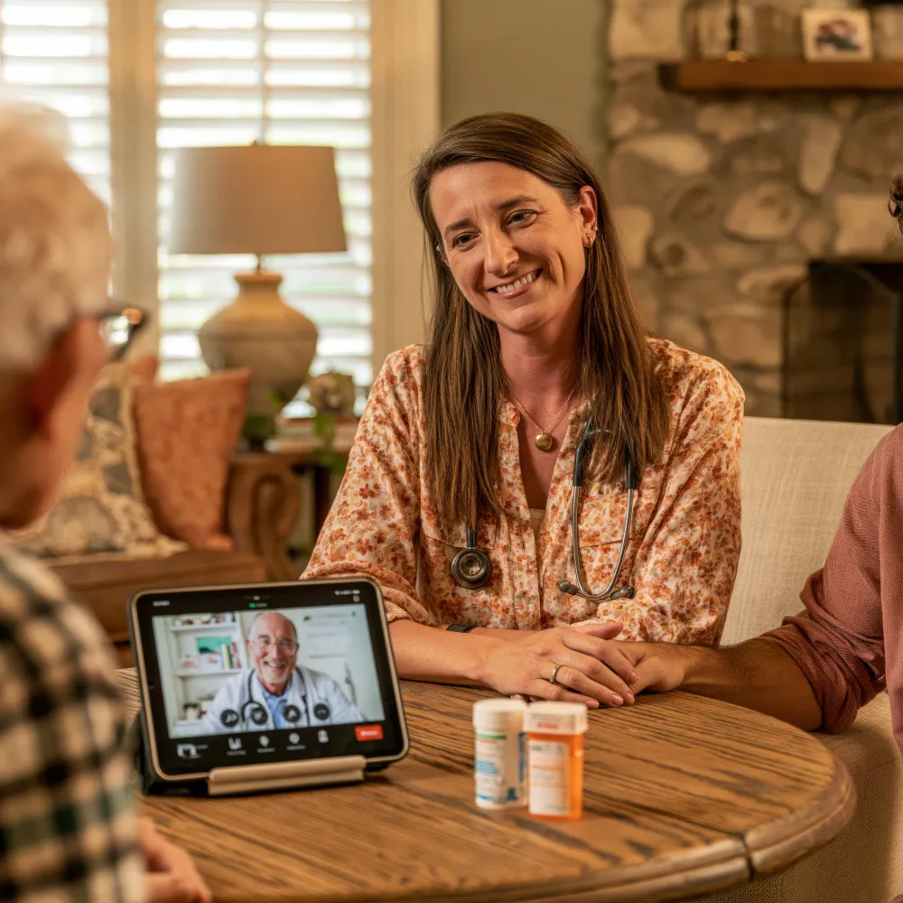 Healthcare provider consulting with senior patients during an in-home visit with a telehealth device, highlighting CCM and RPM services for coordinated care and remote patient monitoring.