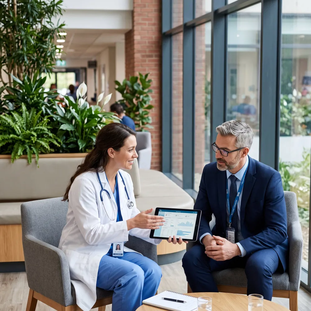 Doctor explaining healthcare performance data on a tablet to a business professional, highlighting efficient healthcare RCM services and practice management.